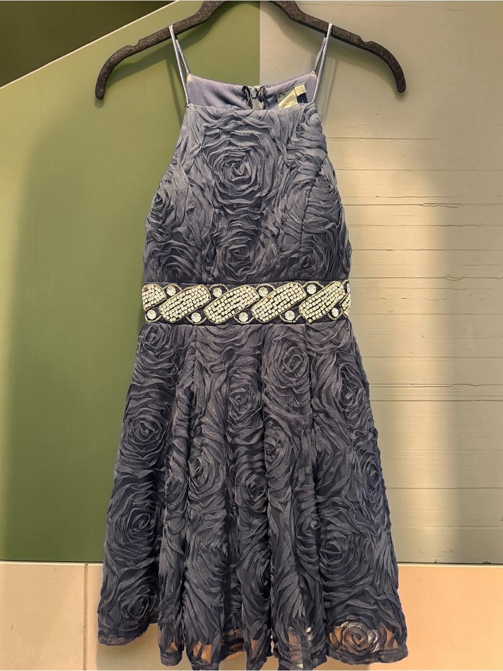 Rosette Fit Flare Party Dress Jr Sz 1 Jeweled Waist AS IS